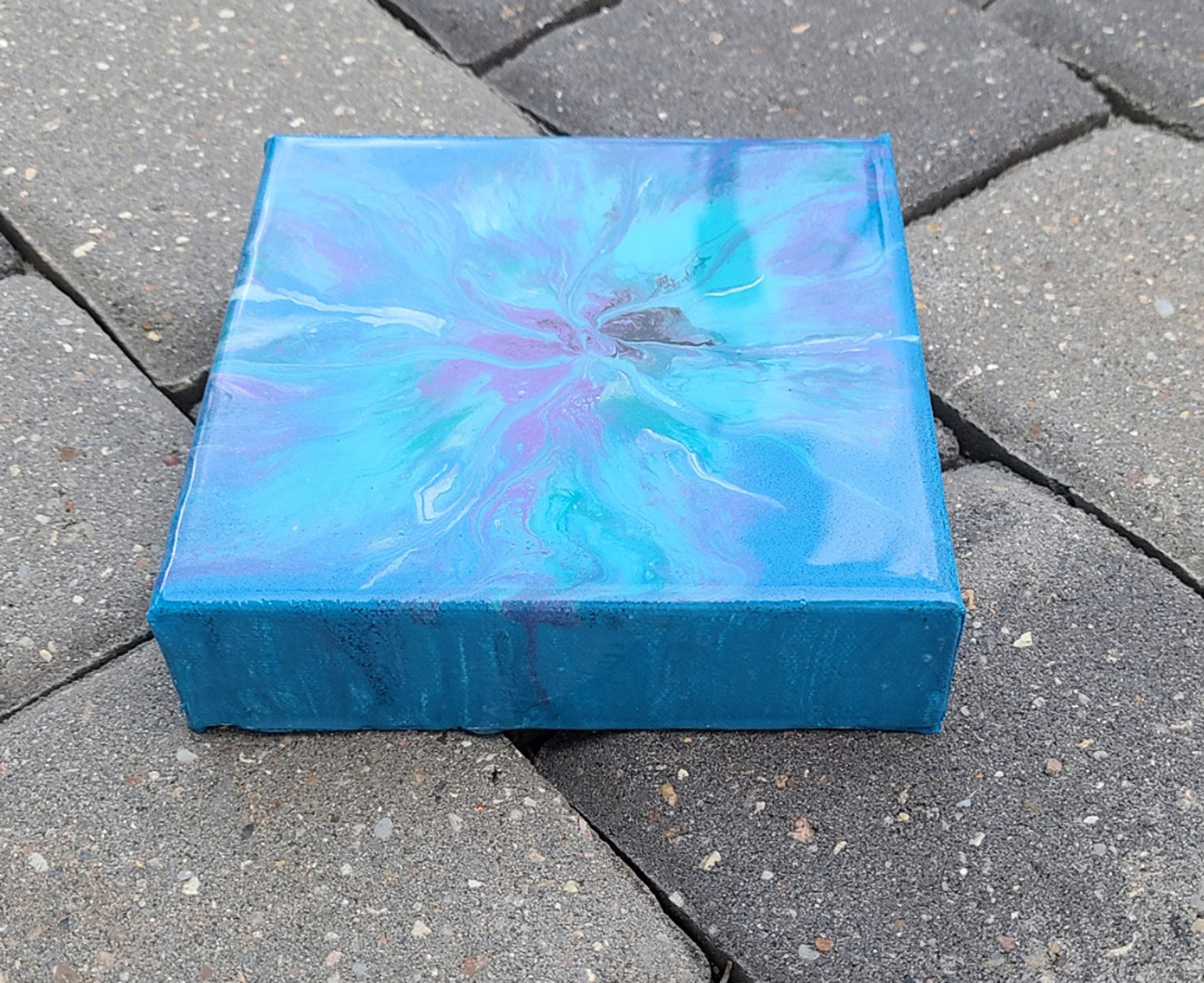 Wispy Bloom, Blues, Green, Purple, 6x6 Canvas, Acrylic Painting