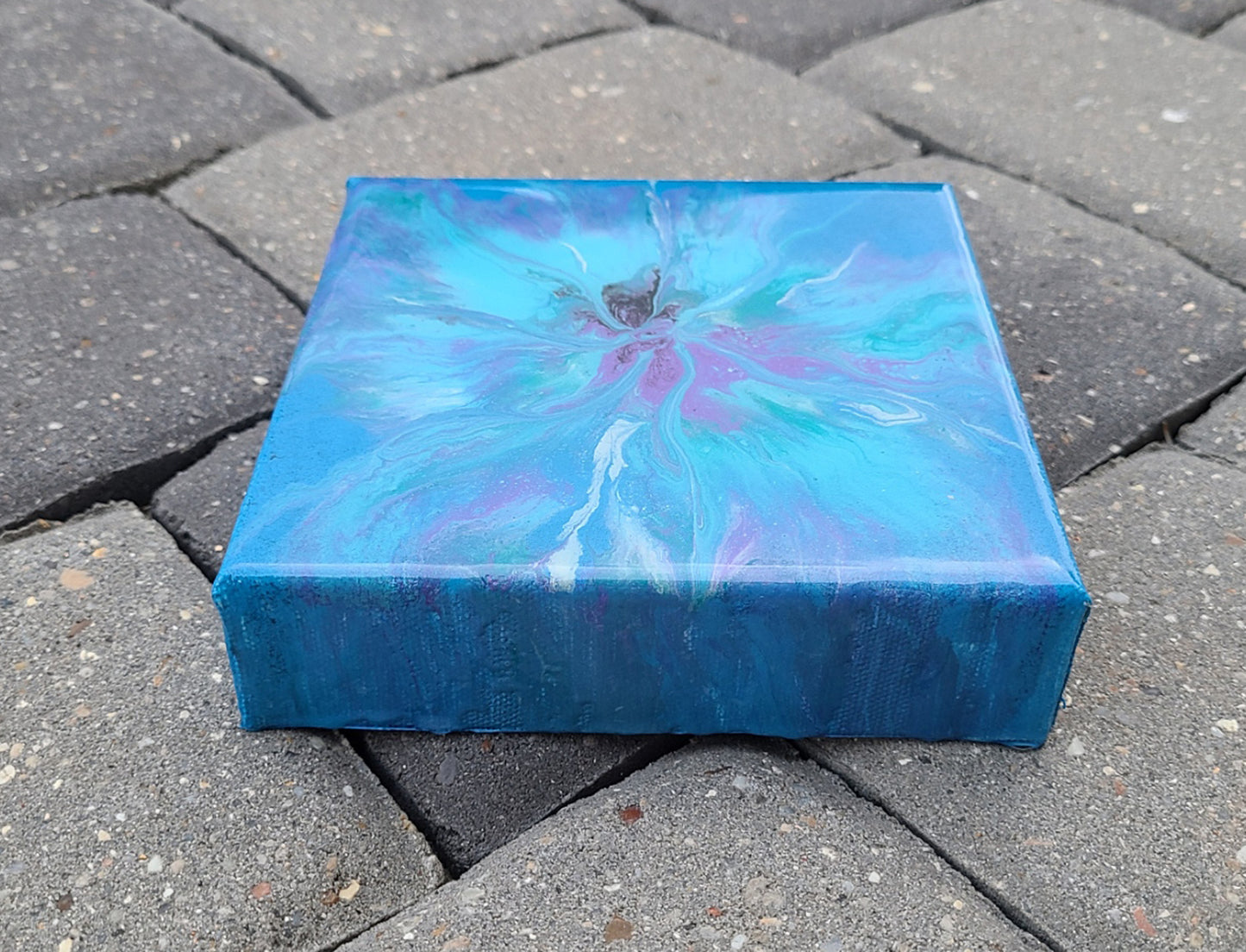 Wispy Bloom, Blues, Green, Purple, 6x6 Canvas, Acrylic Painting