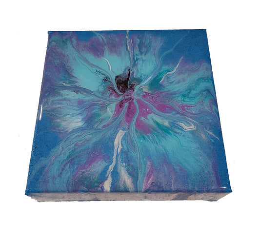 A wispy bloom in blues, seafoam green and purple on a bright blue background. Original art 6x6x1.5 Inch Canvas Can sit on a shelf or hang Coated in UV Resistant Resin If you'd like it signed on the back, leave a message with your order.