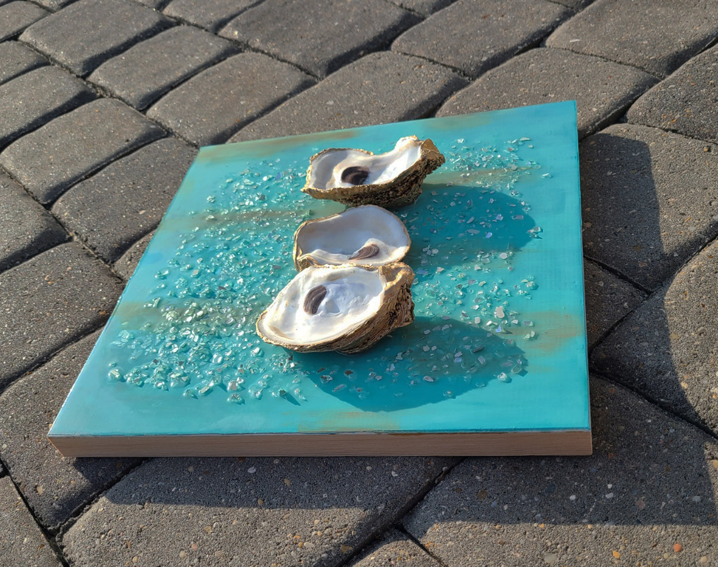 Oyster Shell and Crushed Glass on 12 x 12 Wood