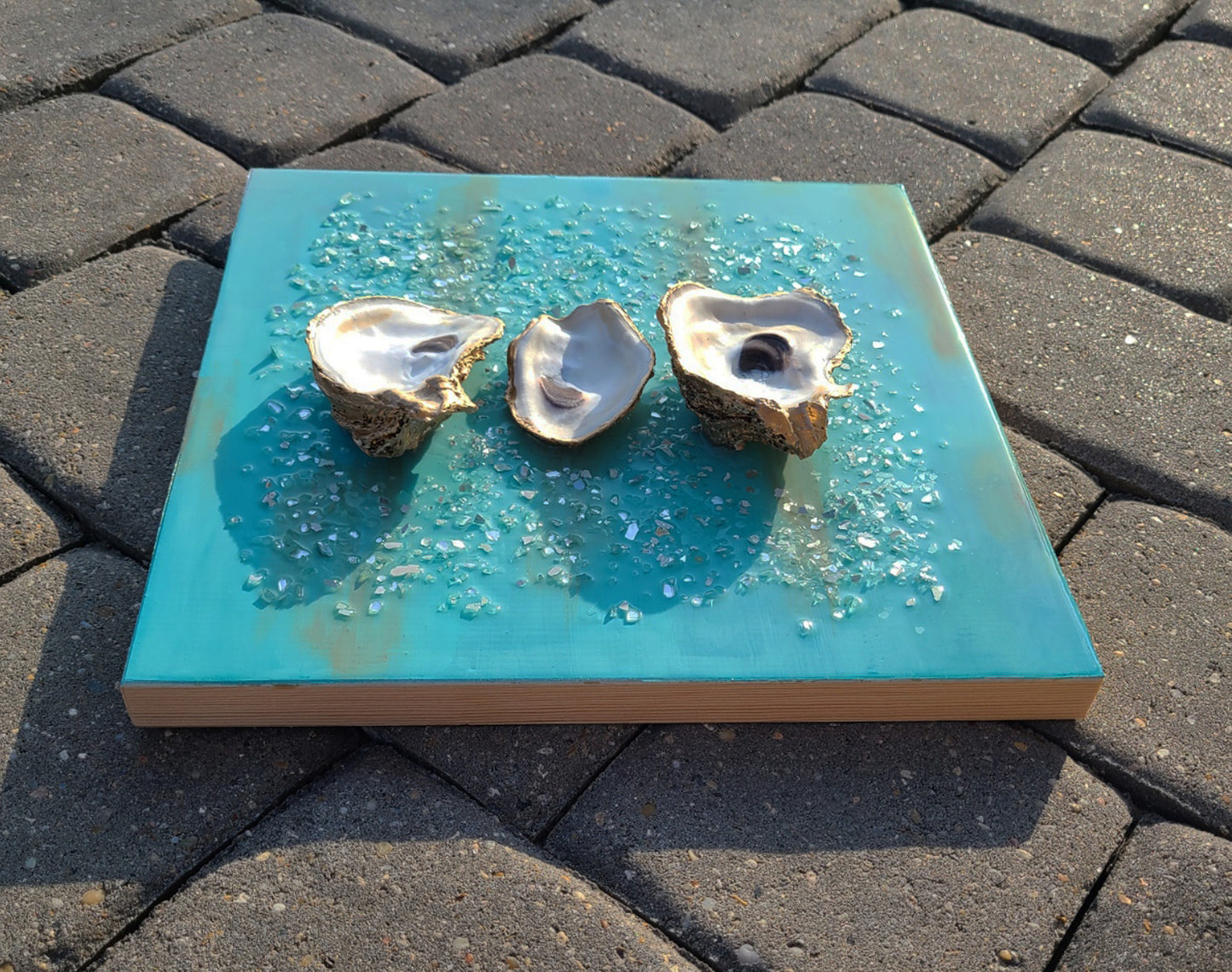 Oyster Shell and Crushed Glass on 12 x 12 Wood