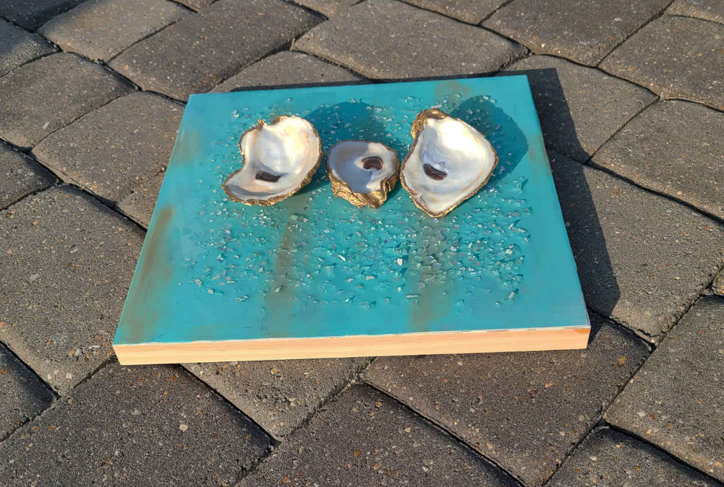 Oyster Shell and Crushed Glass on 12 x 12 Wood