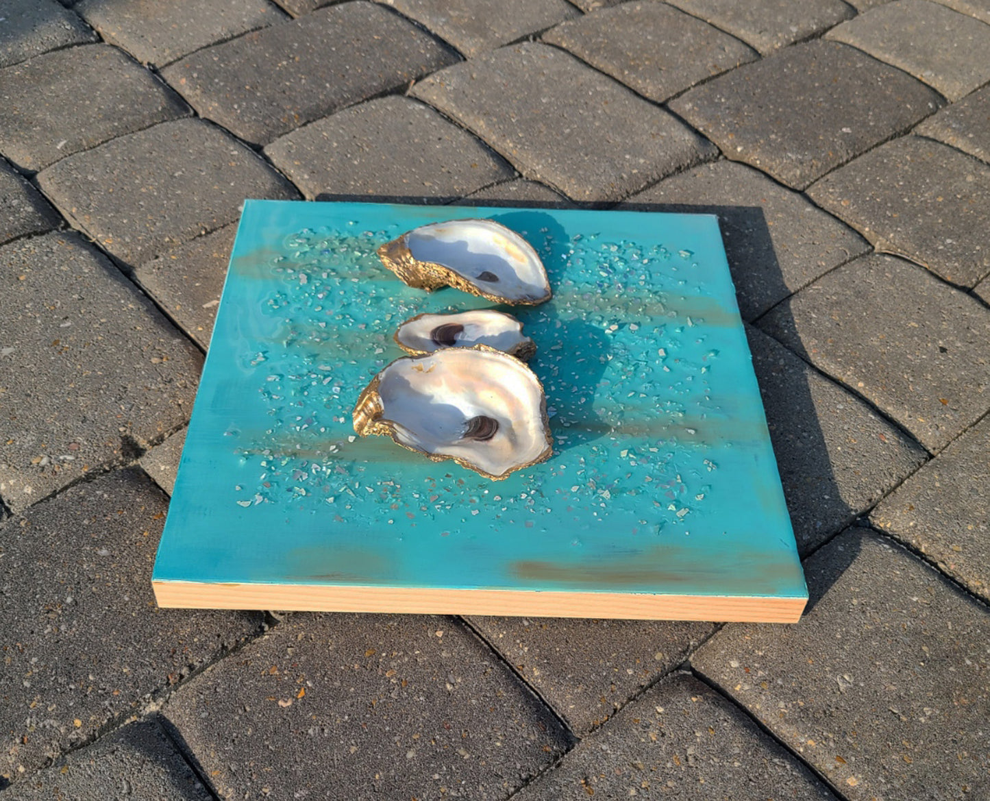 Oyster Shell and Crushed Glass on 12 x 12 Wood