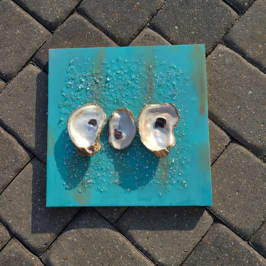Oyster Shell and Crushed Glass on 12 x 12 Wood