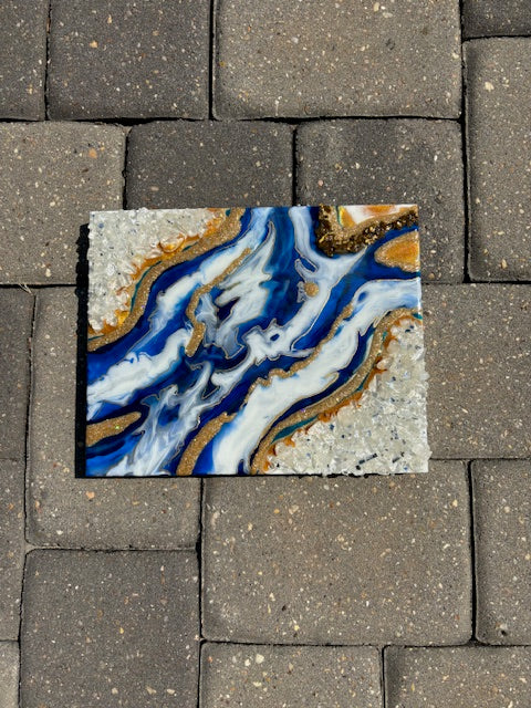 Blue, White and Gold Geode Wall Art, 10 x 8 inches