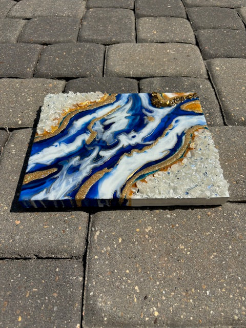 Blue, White and Gold Geode Wall Art, 10 x 8 inches