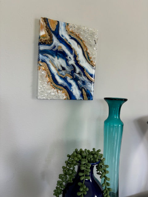 Blue, White and Gold Geode Wall Art, 10 x 8 inches