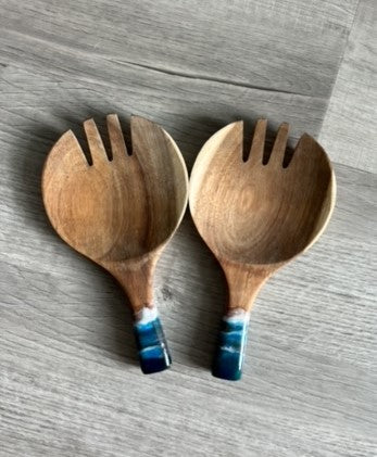 Salad Servers, Wood With Ocean Theme Handle