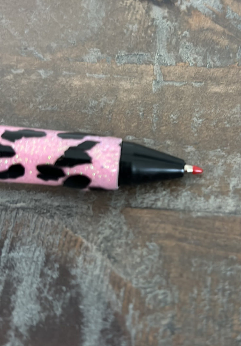 Pink Glitter Animal Print Resin Writing Pen, Black Gel, Refillable