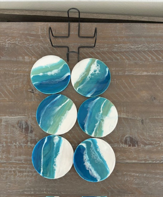 Set of Six Beach Themed Wood Coasters With Metal Holder