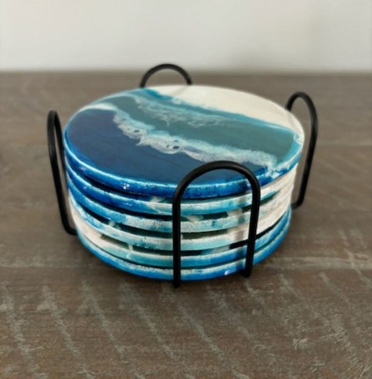 Set of Six Beach Themed Wood Coasters With Metal Holder