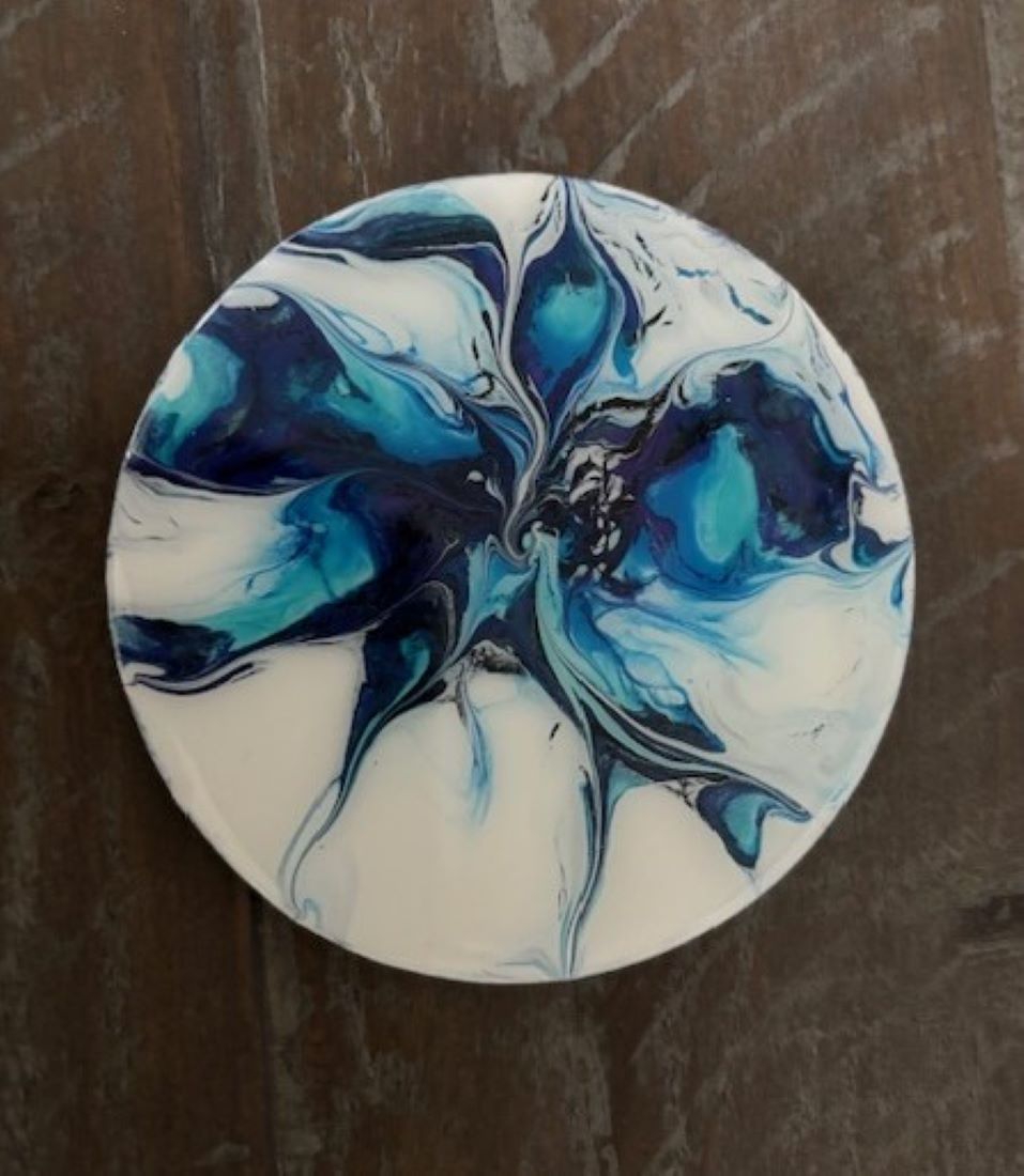 Abstract Round Coasters, Turquoise, Blue, Black and White With Metal Holder