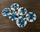 Abstract Round Coasters, Turquoise, Blue, Black and White With Metal Holder