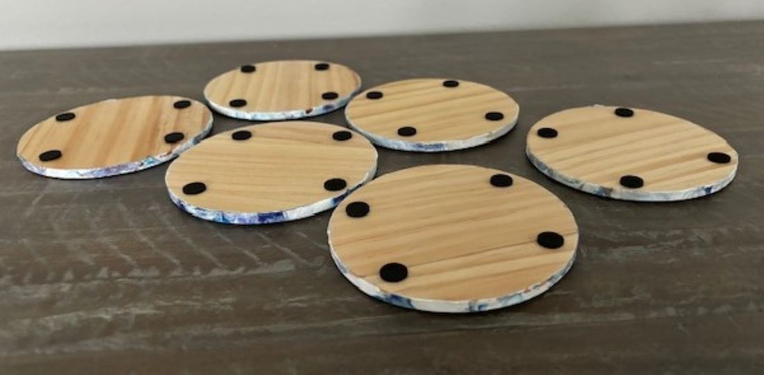 Abstract Round Coasters, Turquoise, Blue, Black and White With Metal Holder