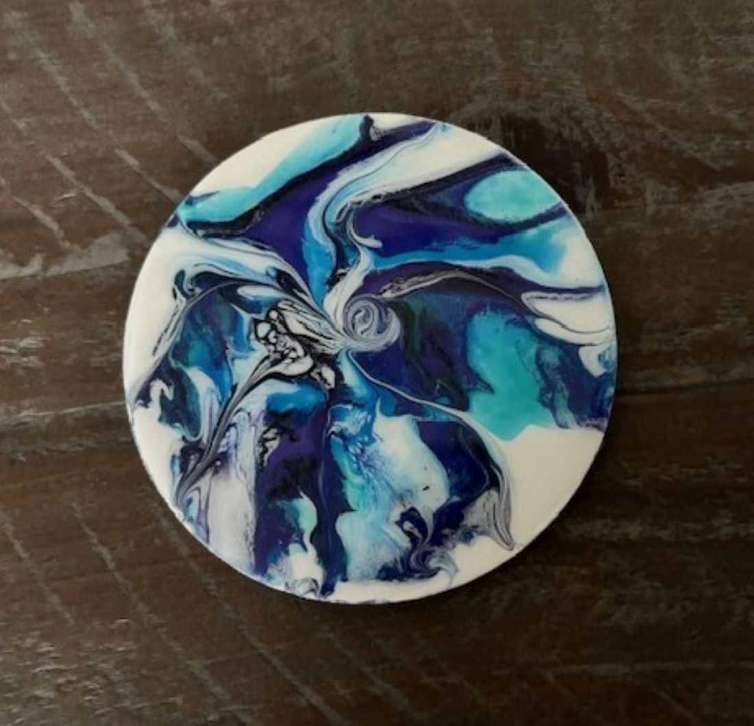 Abstract Round Coasters, Turquoise, Blue, Black and White With Metal Holder