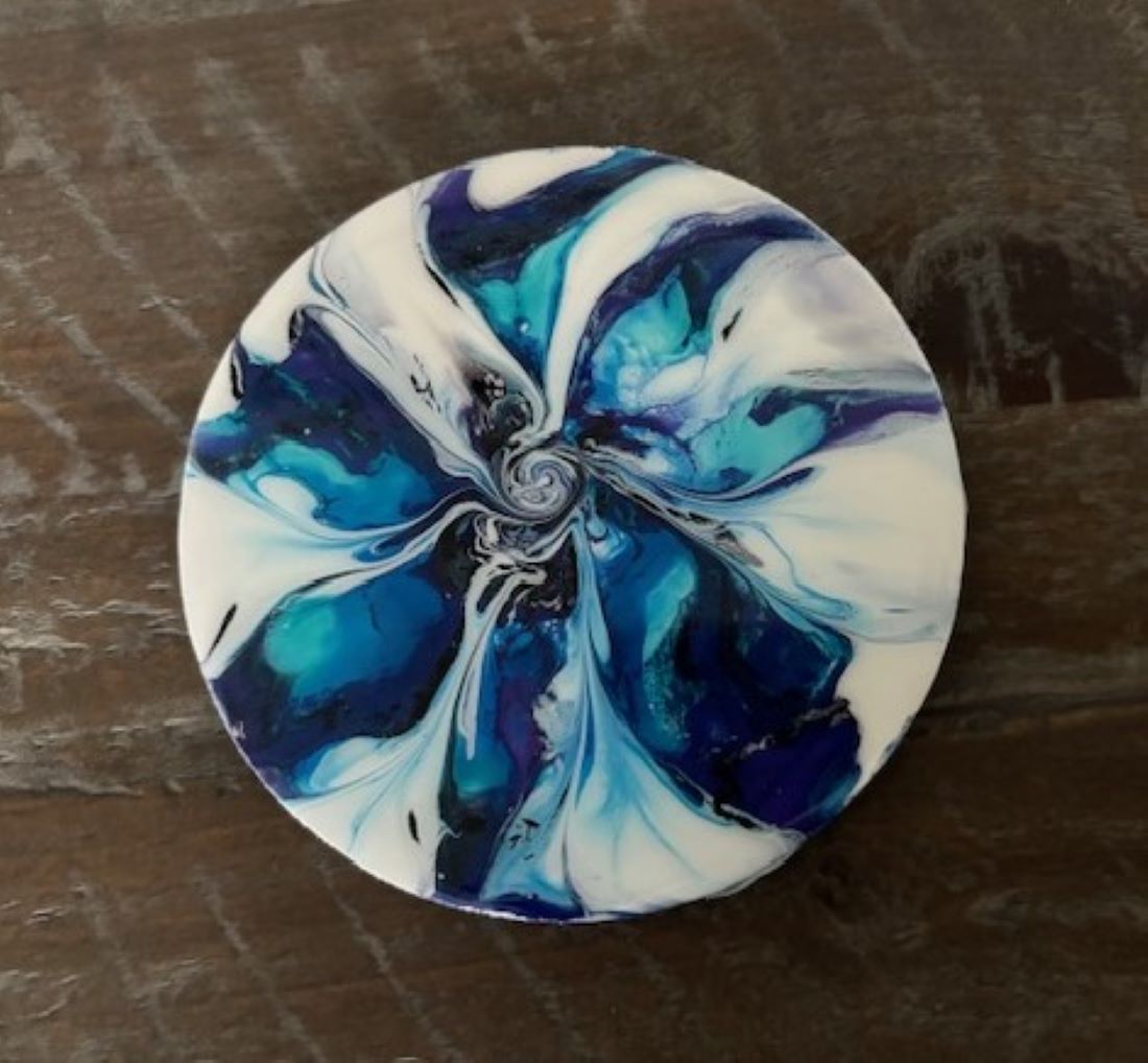 Abstract Round Coasters, Turquoise, Blue, Black and White With Metal Holder