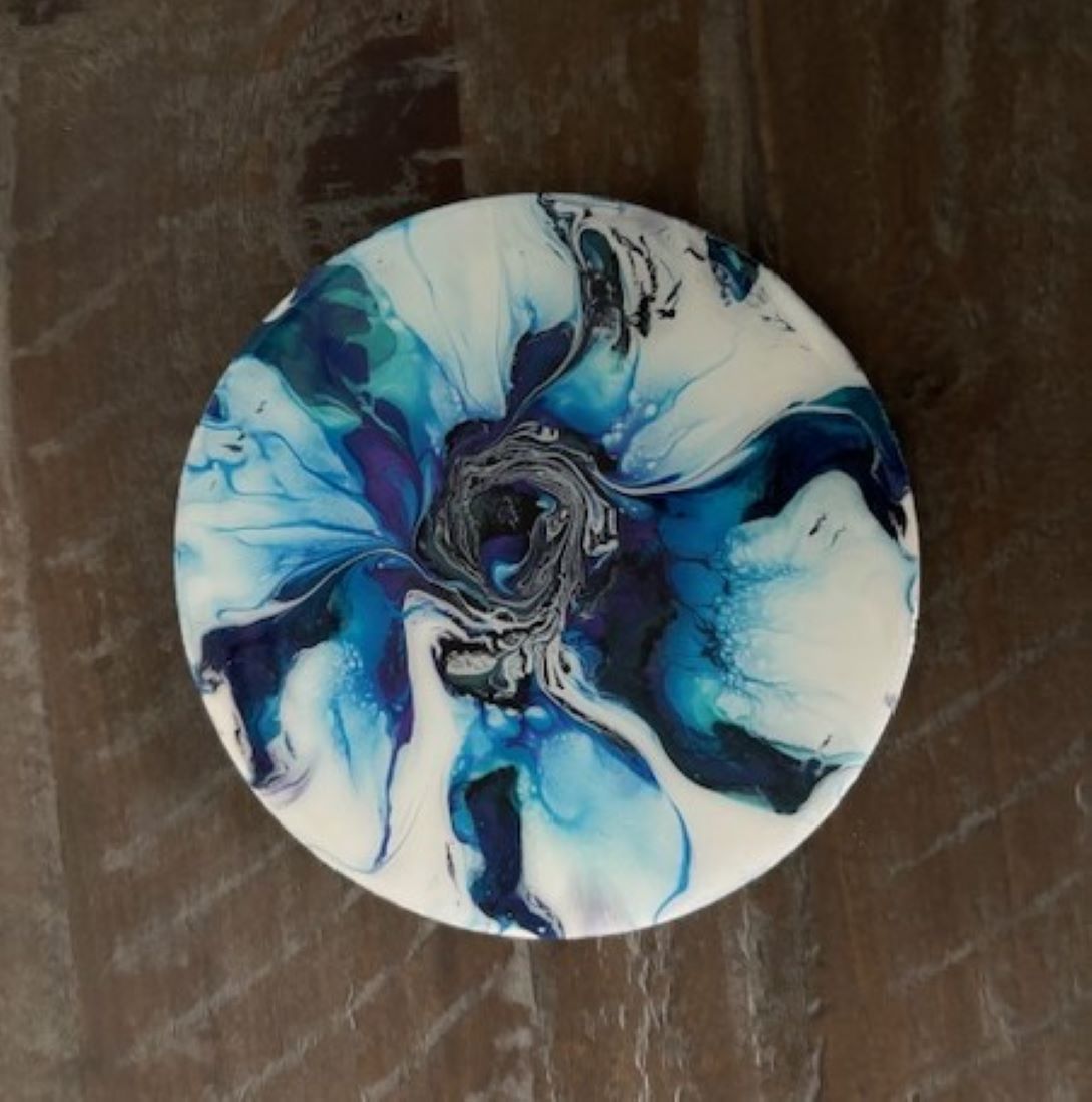 Abstract Round Coasters, Turquoise, Blue, Black and White With Metal Holder