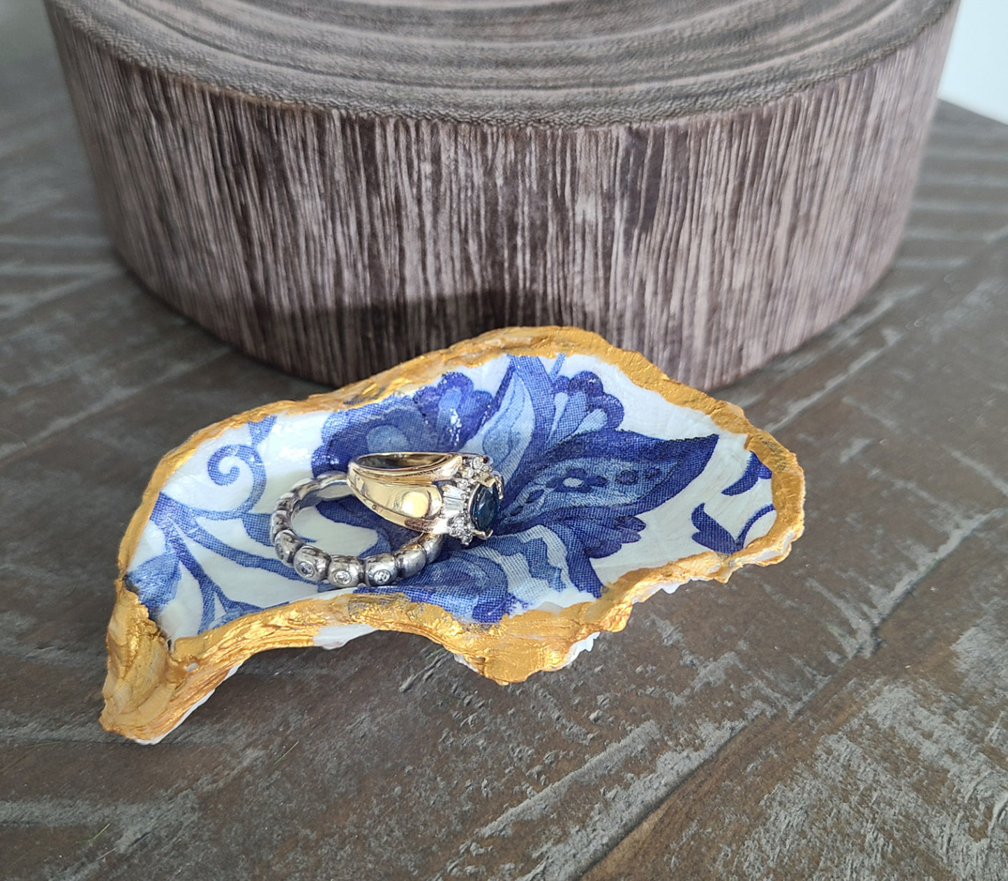 Blue & White Floral Print Oyster Shell Trinket Holder