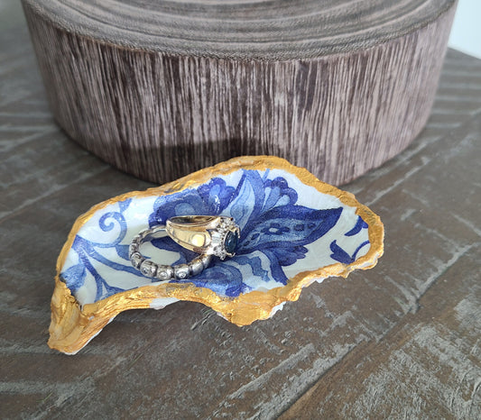 Blue & White Floral Print Oyster Shell Trinket Holder