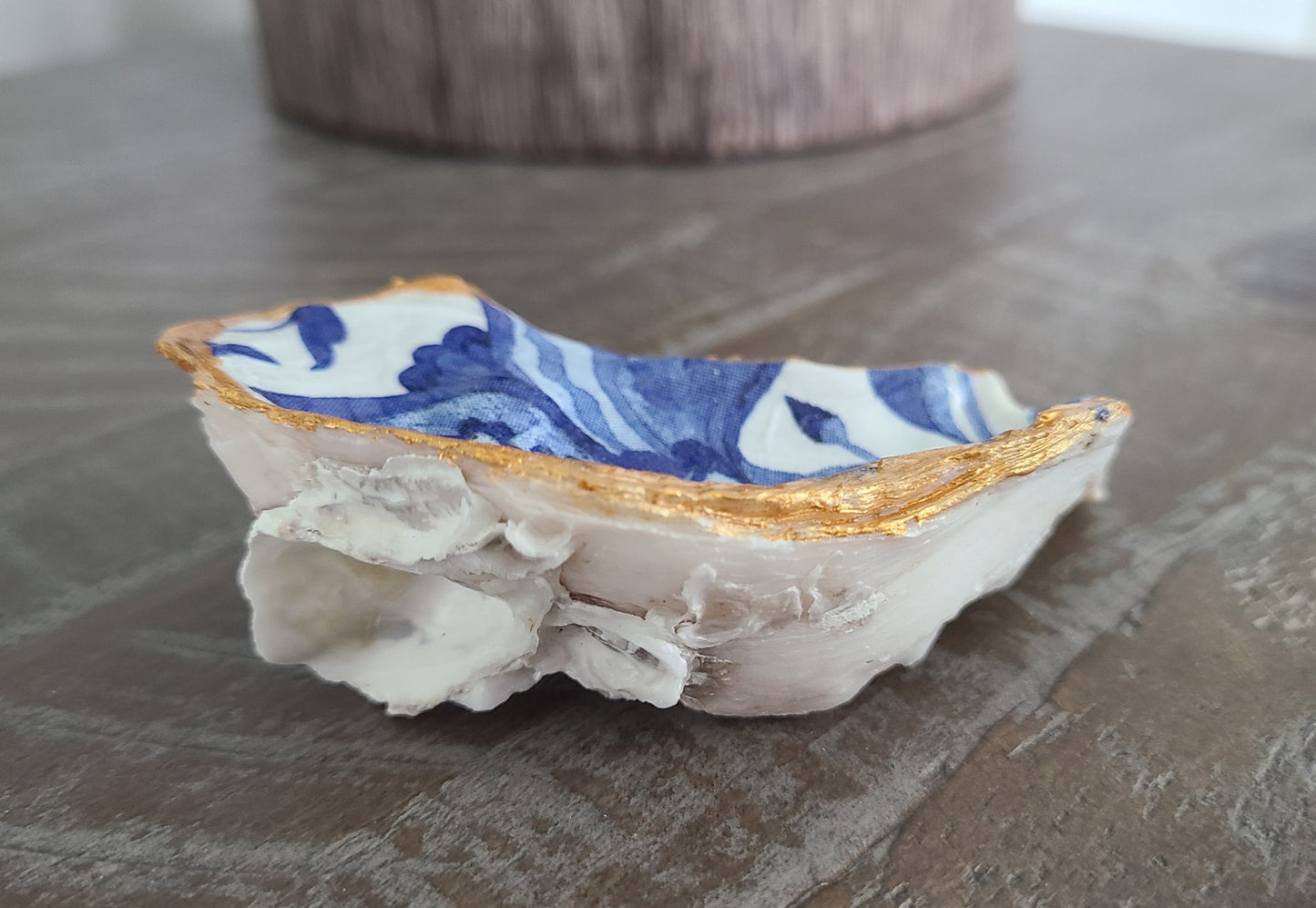 Blue & White Floral Print Oyster Shell Trinket Holder