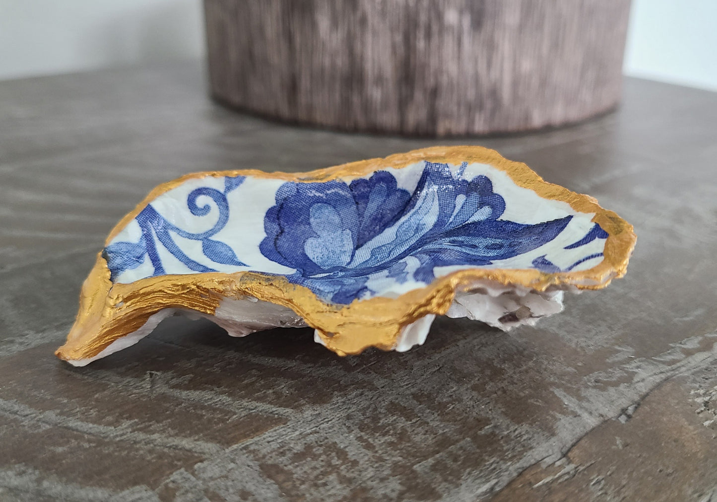 Blue & White Floral Print Oyster Shell Trinket Holder