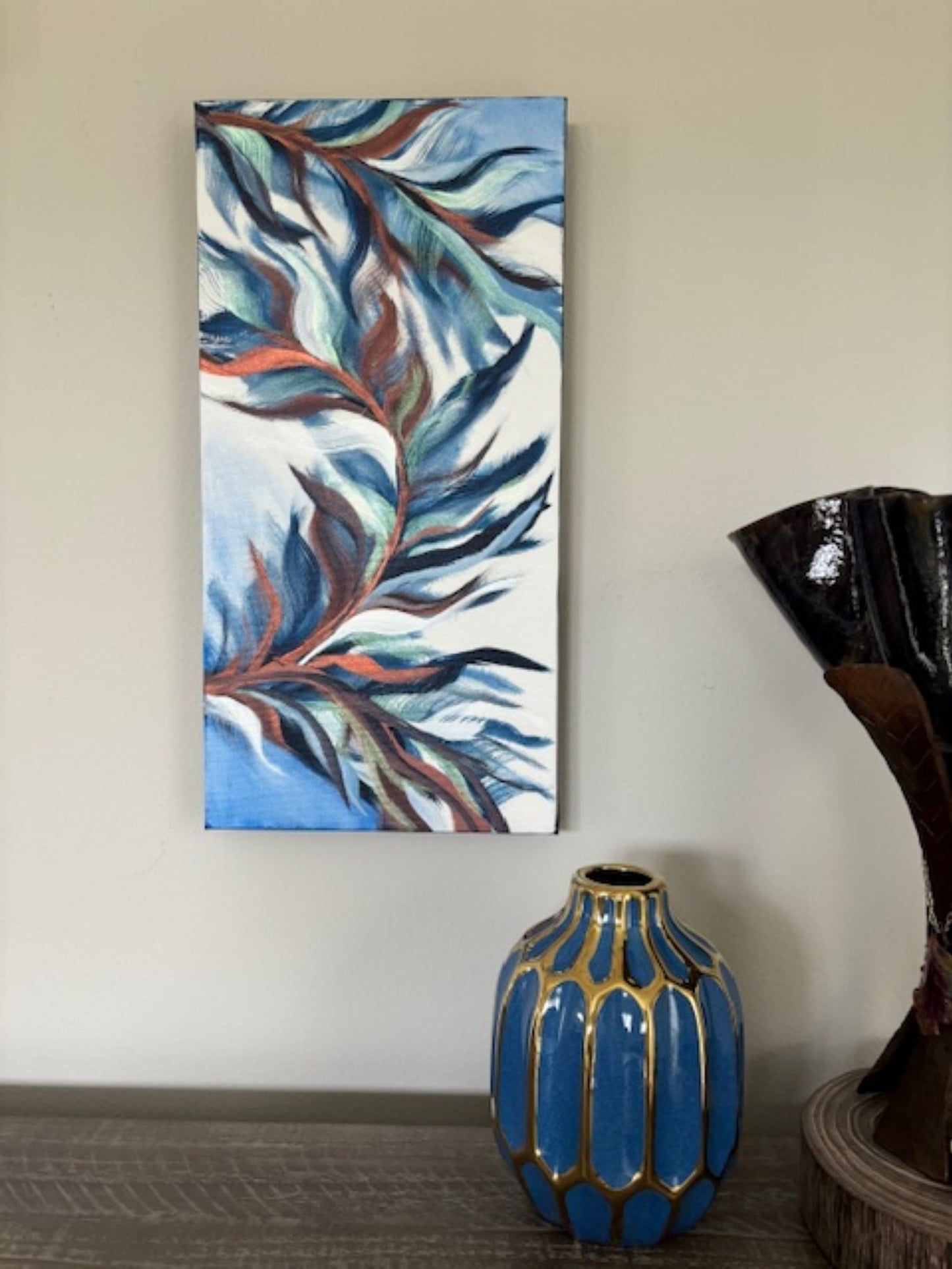 Blue Fronds Dancing, Canvas Wall Art, Blue, Copper, Horizontal or Vertical Hanging