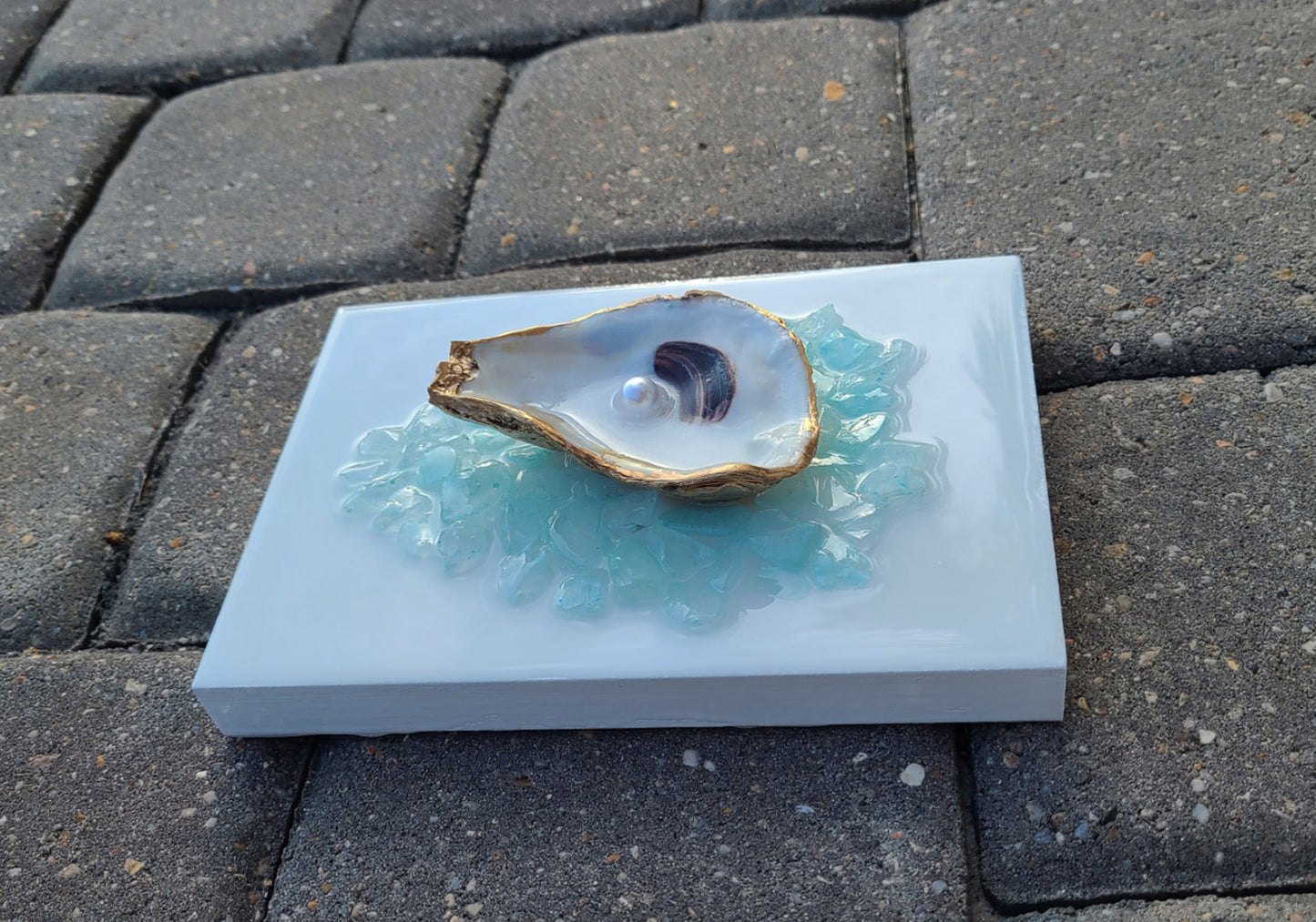 Original Wall Art, Oyster Shell on Crushed Glass, Blue