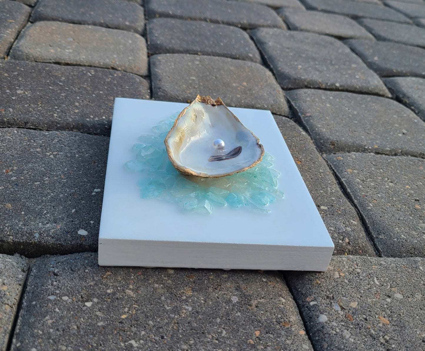 Original Wall Art, Oyster Shell on Crushed Glass, Blue