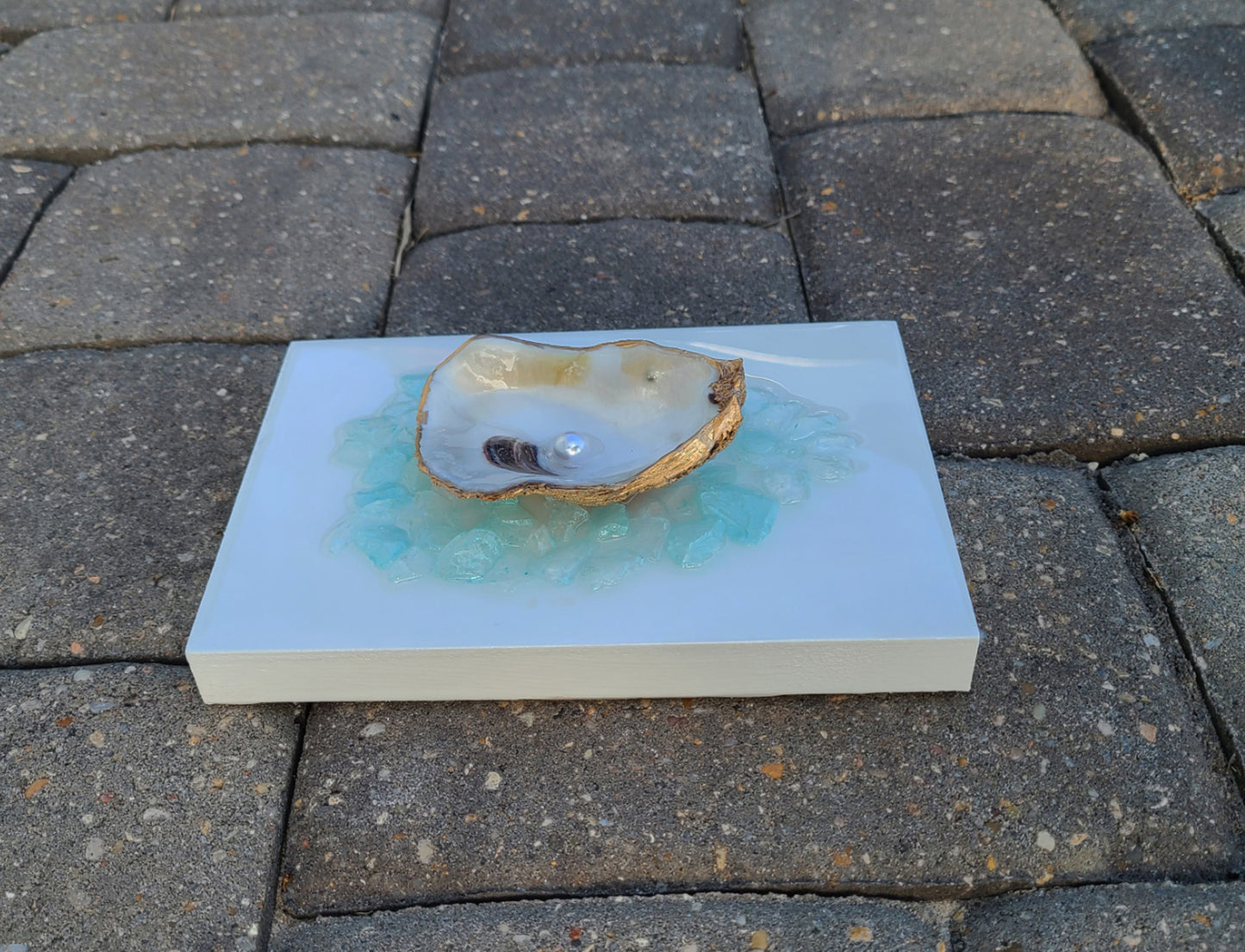 Original Wall Art, Oyster Shell on Crushed Glass, Blue