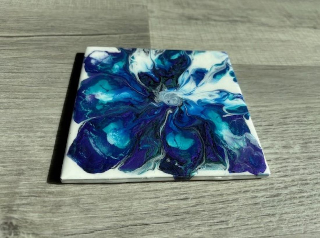 Tile Trivet, Blue and Purple Flower, Artwork, Acrylic and Resin