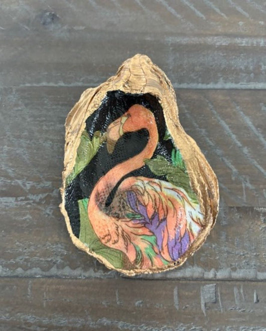 Oyster Shell Flamingo Design on Easel or Trinket Dish