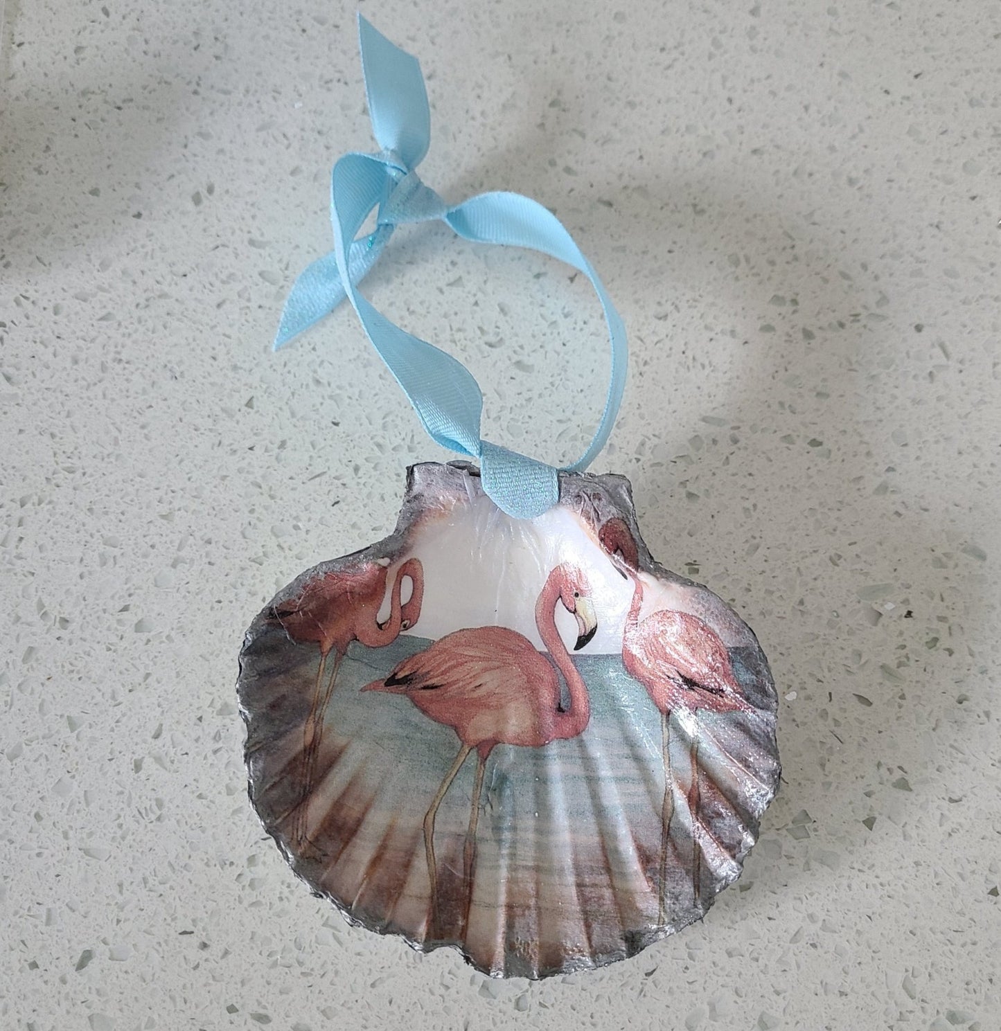 Flamingos On Clam Shell Ornament, Door Hanger, Bottle Decor, Vase Decor