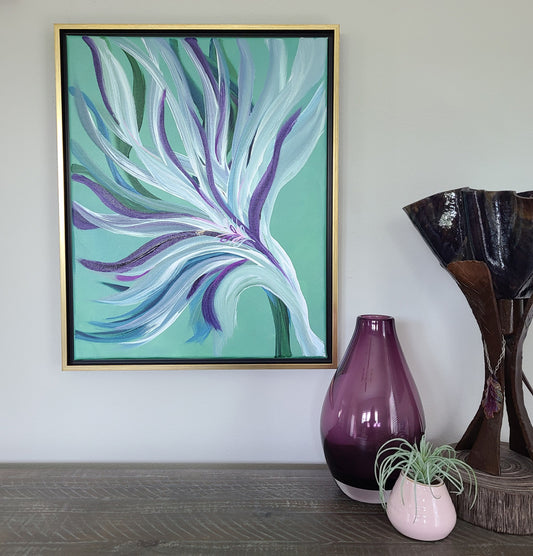 Framed Original Art, Flourish, White, Teal, Blue, Purple Leaves