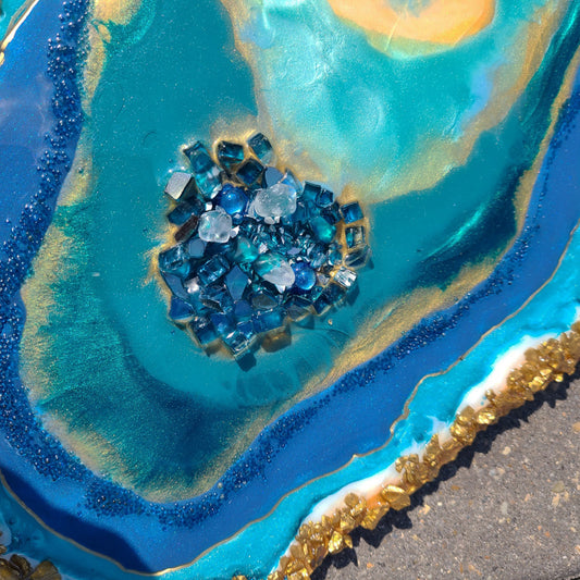 Freeform Geode Artwork On Wood, Teal, Blue, Gold