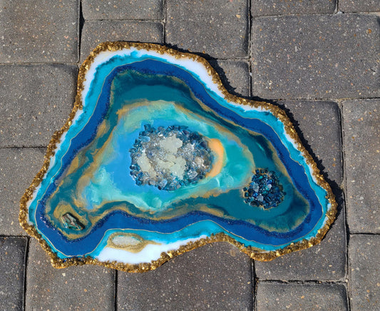 Freeform Geode Artwork On Wood, Teal, Blue, Gold