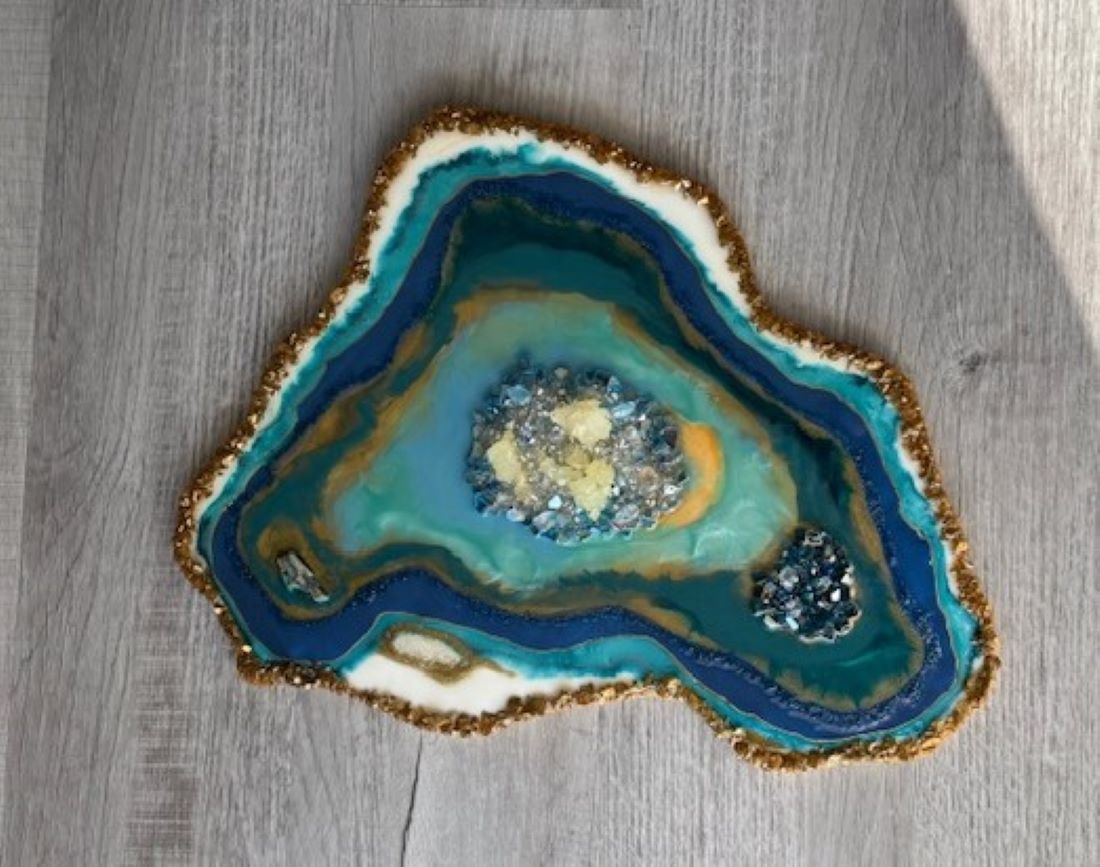 Freeform Geode Artwork On Wood, Teal, Blue, Gold