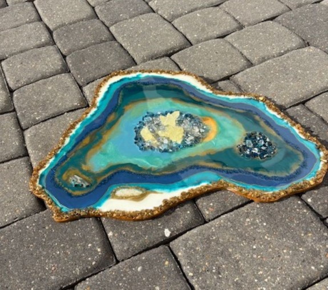 Freeform Geode Artwork On Wood, Teal, Blue, Gold