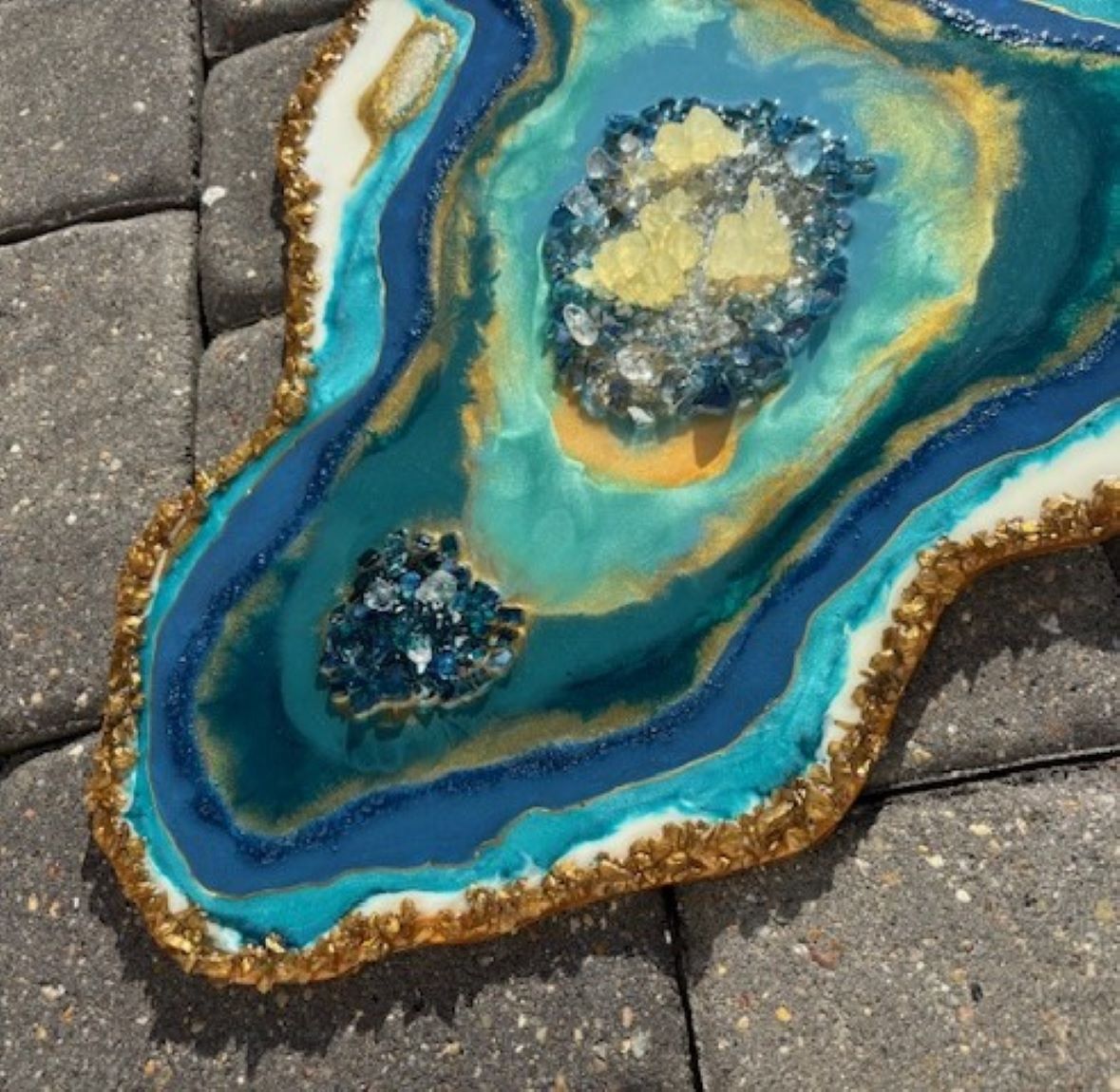 Freeform Geode Artwork On Wood, Teal, Blue, Gold