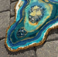 Freeform Geode Artwork On Wood, Teal, Blue, Gold