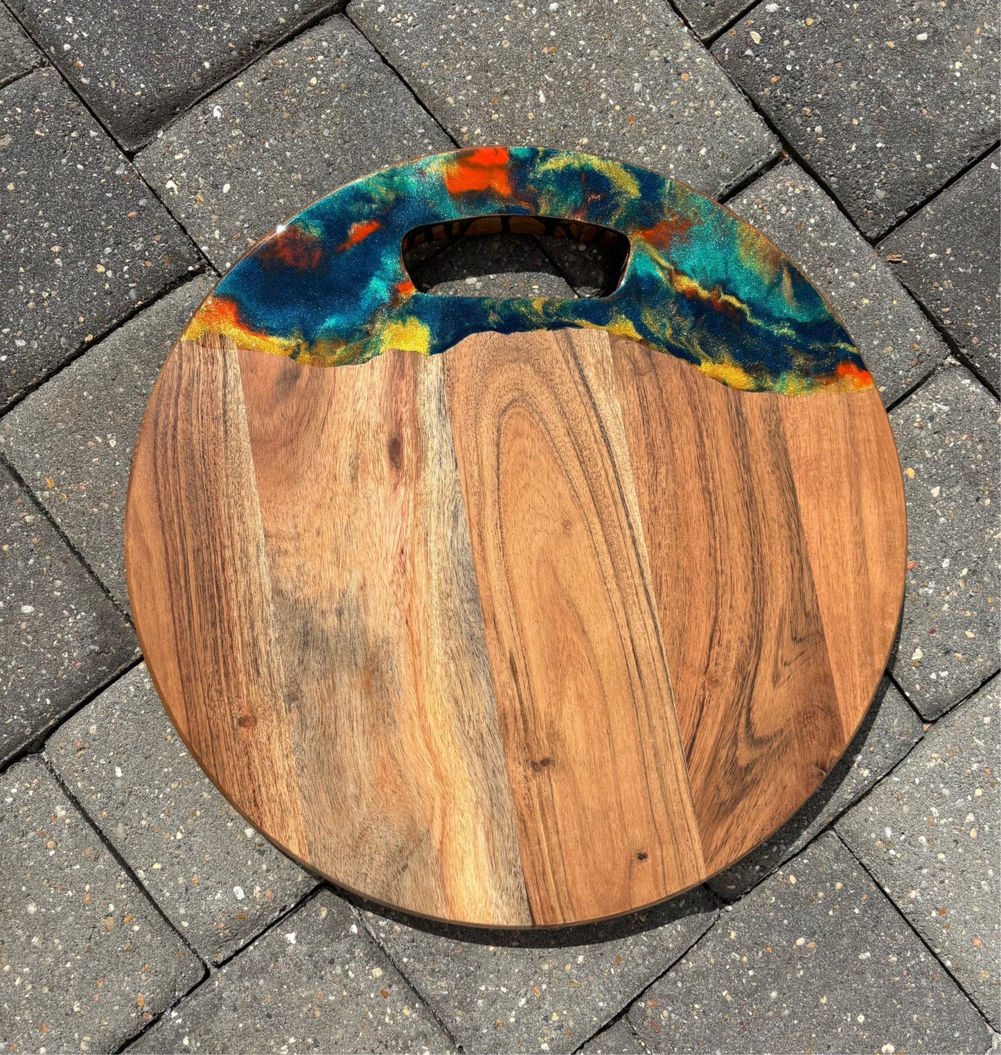 Round Wood Cutting Board, Charcuterie, Blue, Orange, Gold Resin