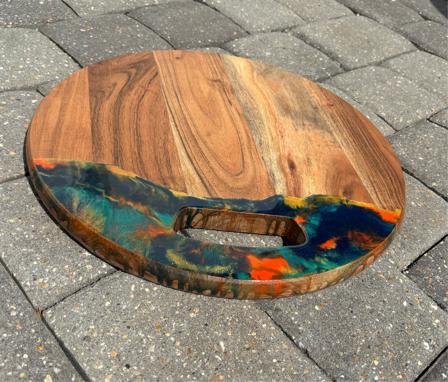 Round Wood Cutting Board, Charcuterie, Blue, Orange, Gold Resin