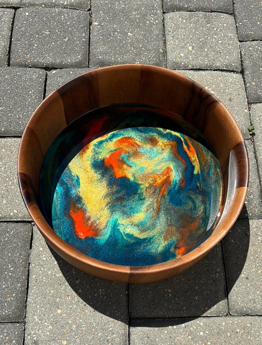 Round Wood Bowl With Orange, Gold, Blue Resin