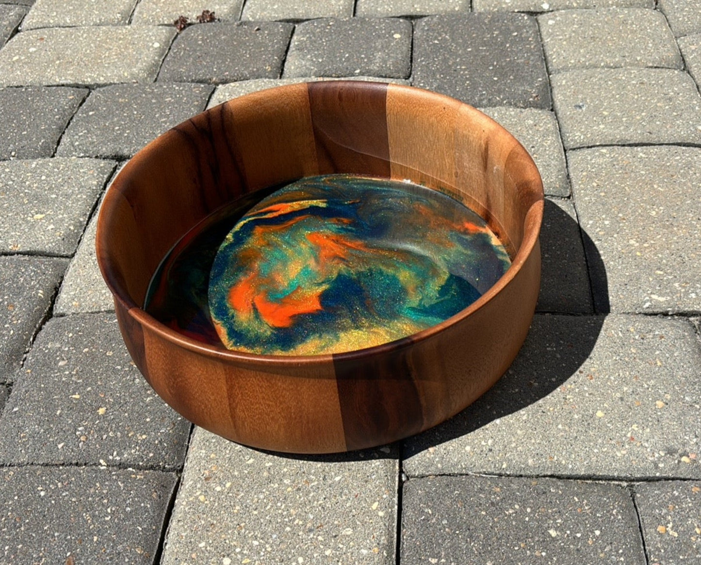 Round Wood Bowl With Orange, Gold, Blue Resin