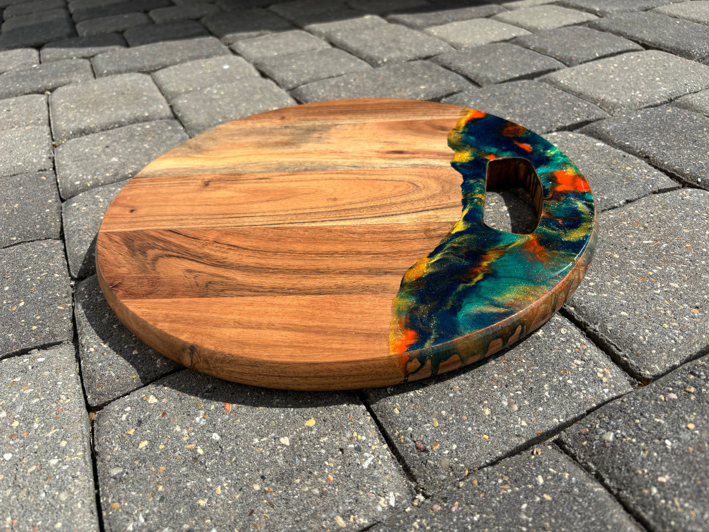 Round Wood Cutting Board, Charcuterie, Blue, Orange, Gold Resin