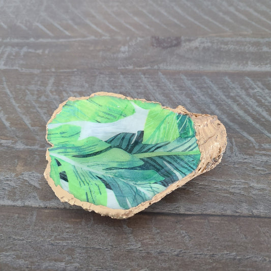 Tropical Leaf Design Oyster Shell Trinket Holder