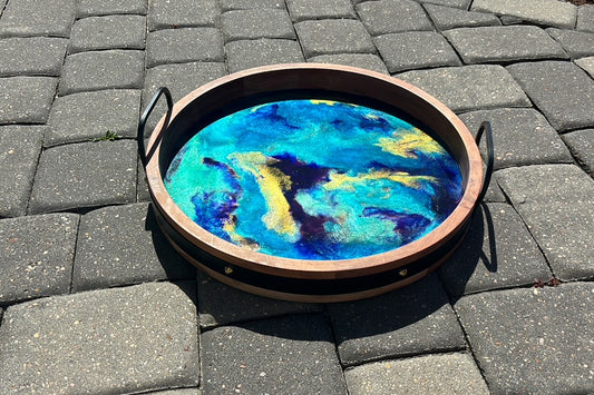 Round Wood Tray With Metal Handles, Blue, Purple, Gold Resin