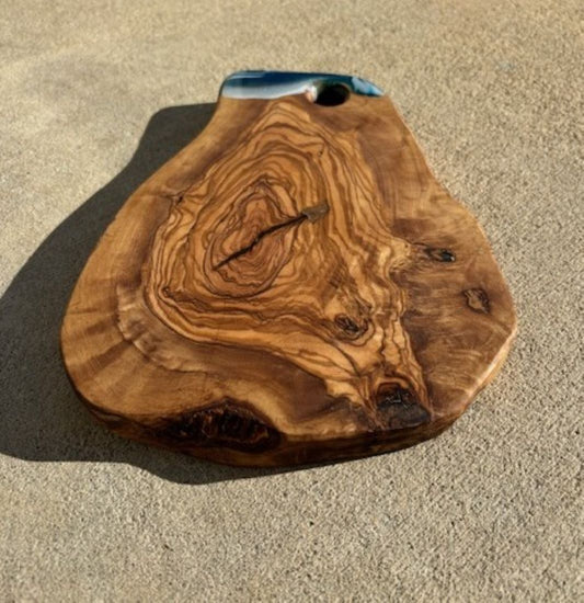 Small Olive Wood Cutting Board, Live Edge, Ocean