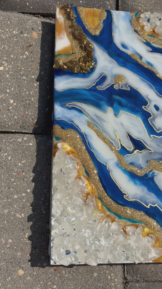 Blue, White and Gold Geode Wall Art, 10 x 8 inches