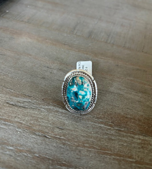 Sonoran Rose Turquoise Ring, Navajo Dave Skeets, Sterling, Size 6