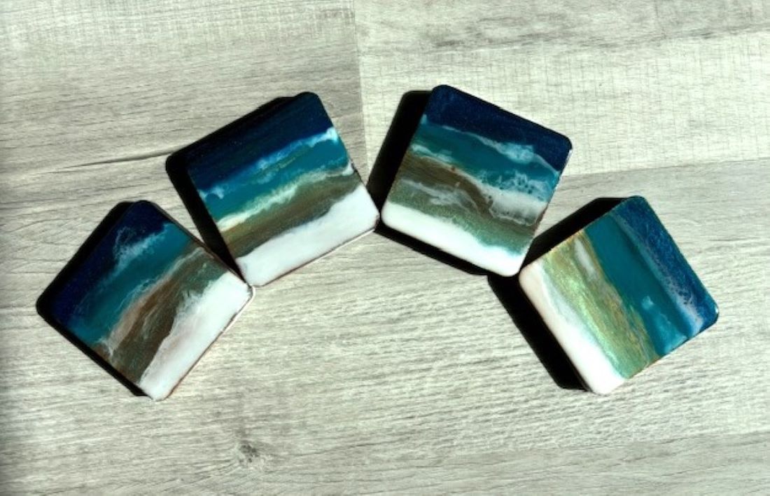 Square Wood Coasters, Ocean Theme, Set of 4